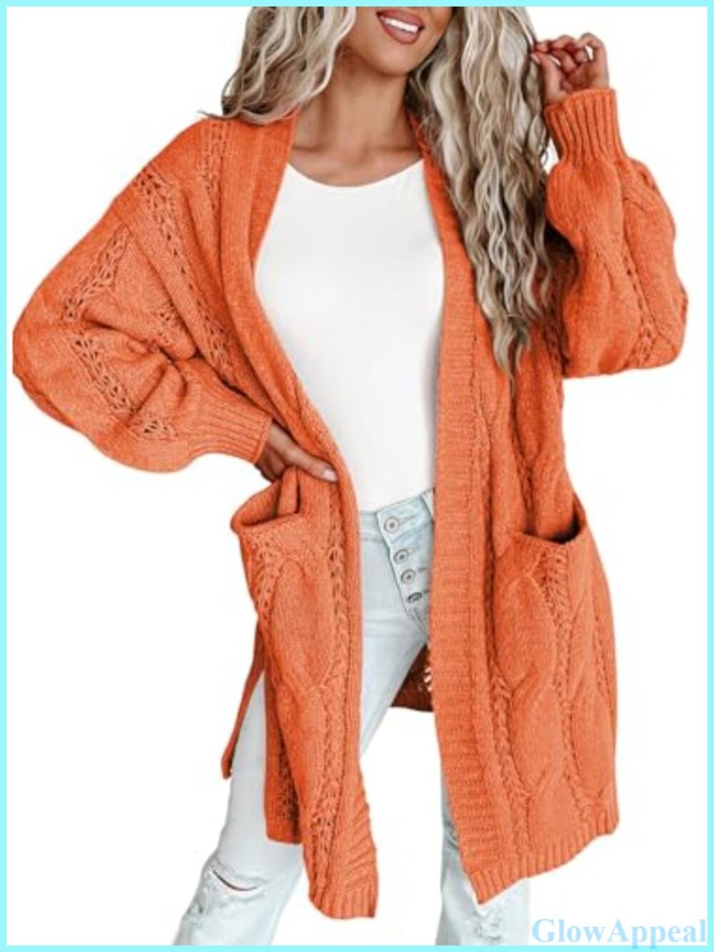 Dokotoo Long Open Front Knit Cardigan Lantern Sleeve Sweater